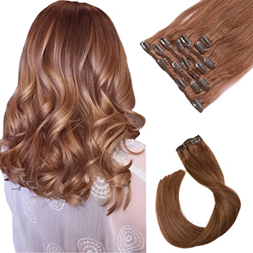 Remy Clip in Hair Extensions Medium Auburn 7pcs 70g Double Weft Clip in Real Extensions Silky Straight Top Grade Clip on Hair for Women Full Head