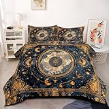 CCoutueChen King Size Blue Gold Astrolabe Comforter Set Moon Star Bedding Set Ancient Clock Pattern Down Comforter Decor Quilt Set for Adult Women Girls 3Pcs Soft Lightweight Bed Set
