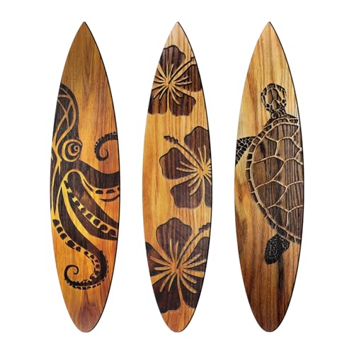 Yousoontic 3 Pcs Surfboard Wall Decor 23.6 x 5.2 Large Wooden Beach Room Surfboard Decor for Wall Summer Turtles Hibiscus Octopus Hawaiian Tropical Sign for Home Bedroom Party