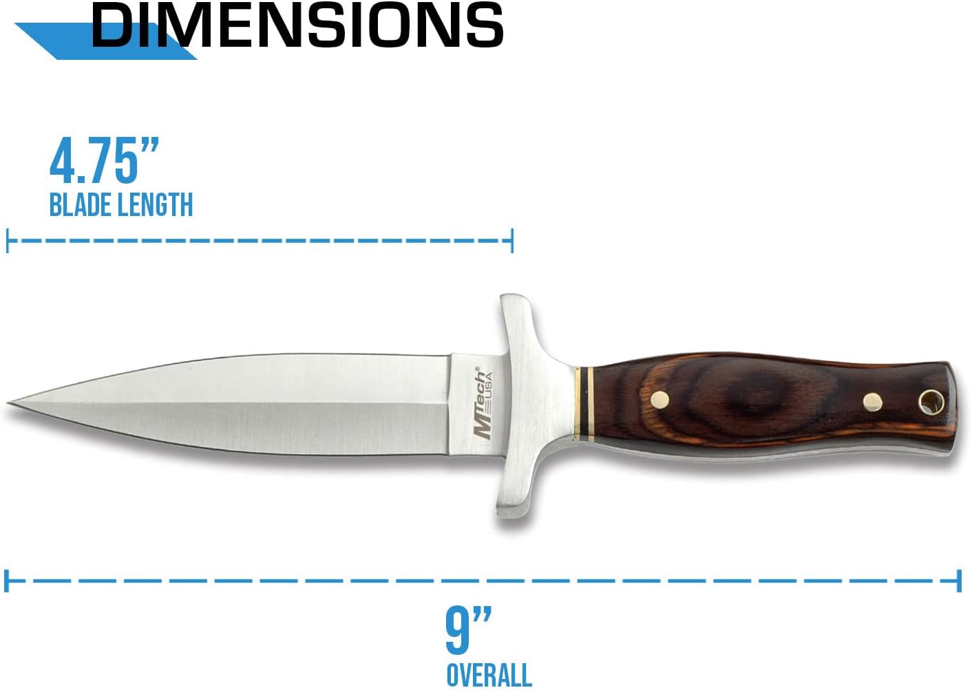 MTech USA – Fixed Blade Knife – Satin Finish Stainless Steel Blade, Brown Wood Handle with Stainless Steel Bolster, Includes Nylon Sheath - Hunting, Camping, Survival, Tactical – MT-20-03