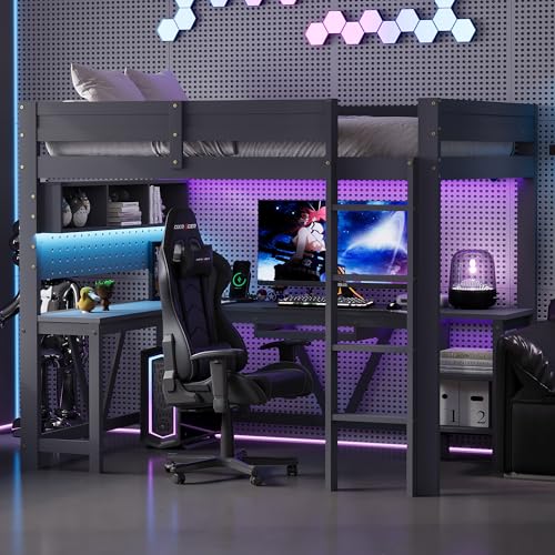 Cama alta de madera para videojuegos, 90 x 200 cm, con escritorio, estantes de almacenamiento, iluminación LED y base de carga, color gris