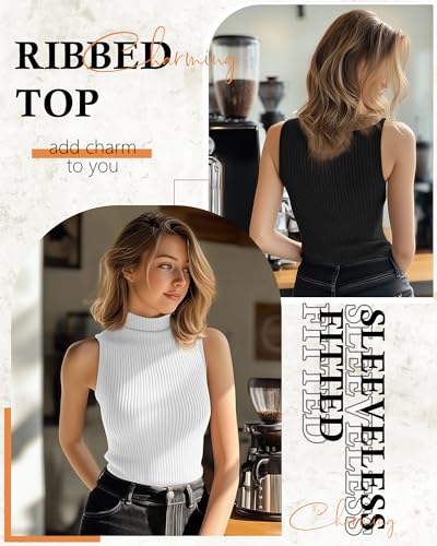 3 Pack Women's Sleeveless Mock Turtlenecks Shirts, Ribbed Stretch Slim Fitted Tank Top Basic Lightweight Bustier Tee2
