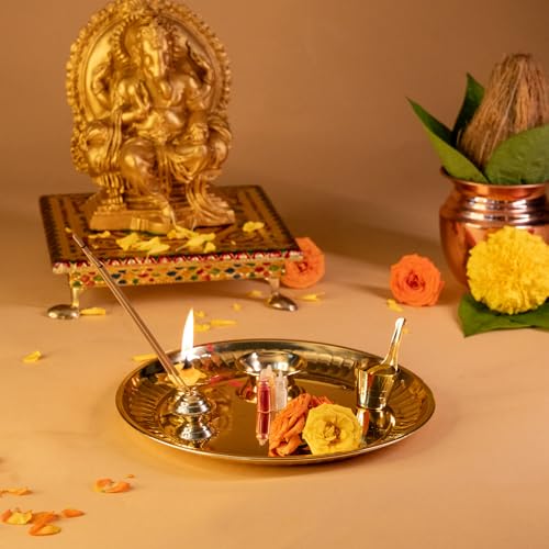 Image of PrettyKrafts Pooja Thali Set Big Size | 8.2 inch Brass Plate, Glass, Spoon, Bowl, Agarbatti Stand, Diya | Golden Thali for Pooja Plate | Puja Ki Thali | Elegant Pooja Thali Brass for Home & Festivals
