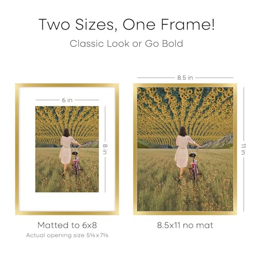 Image of Homeforia 8.5x11 Gold Picture Frame, High-End Metal, 6x8 Mat, Glass | High End Aluminum, Tempered Glass, Acid-Free 6x8 Removable Mat, 8.5x11 in Edge-to-Edge Display 11x8.5, Wall Kit, Set Of 1