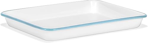 Vista 17 de Red Co. Bandeja rectangular clásica de metal esmaltado de 11 x 9 pulgadas, 2 cuartos de galón, borde blanco sólido/azul marino Llanta blanca/azul