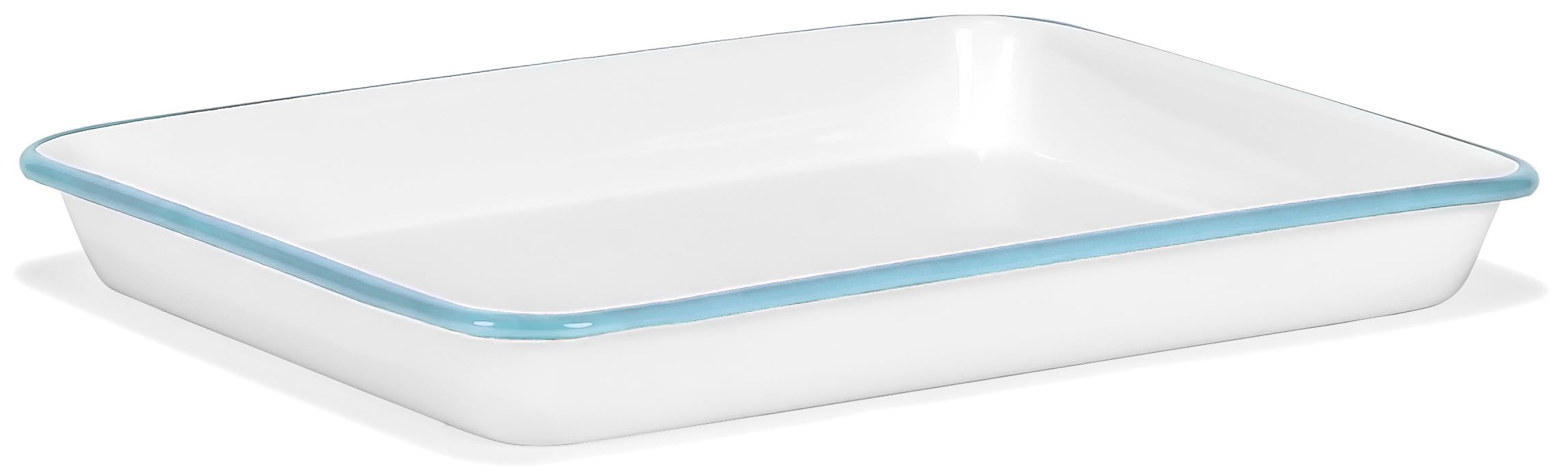 Red Co. 11" x 9" Enamelware Metal Classic 2 Quart Rectangular Serving Tray, Solid White/Teal Rim