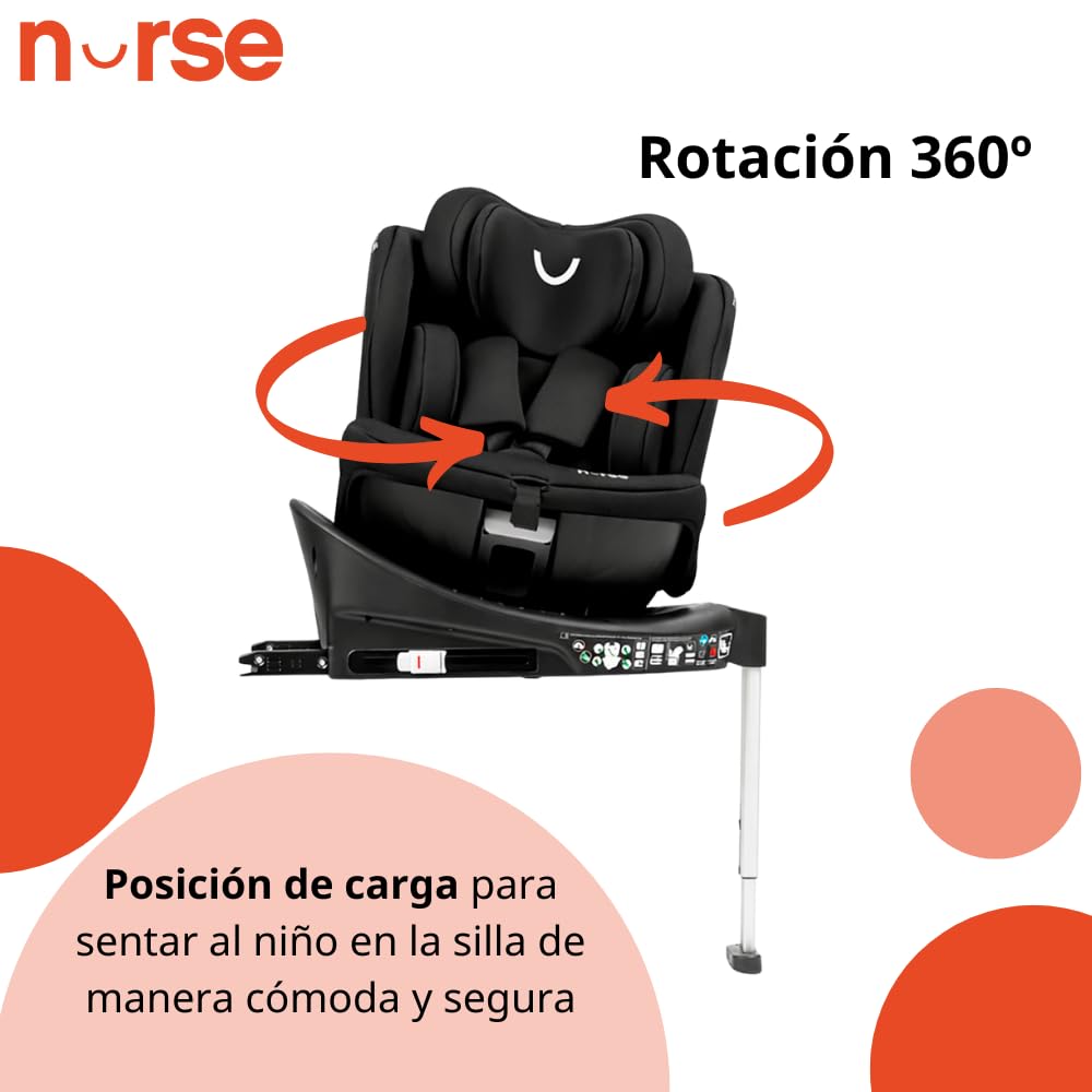 Nurse Titane Silla de Coche i-Size 40–150 cm, 360º, ISOFIX y Pata de Apoyo, A Contramarcha y Cara Marcha, Protección Lateral, Negro