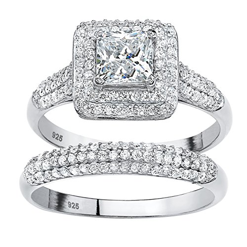 Platinum over Sterling Silver Princess Cut Cubic Zirconia 2 Piece Halo Bridal Ring Set Size 7