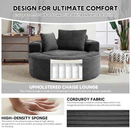 Image of Oversized Round Chair Lounge Chaise Indoor, 55.5 inch Upholstered Corduroy Deep Seat Single Cloud Sofa Chair with Cup Holder, Modern Large Circle Boneless Sleeper Sofa for Living Room, Dark Grey