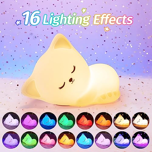 Mubarek GJWH102224W1 Night Light For Kids Lamp,16 Colors Cat Lamp Cute Lamp,Dimmable Kids Night Light For Kids Lamp,Silicone Nightlight For Kids Room,1200Mah Rechargeable Night Light For Kids,Girls Bedroom Decor Cat Decor thumb #1