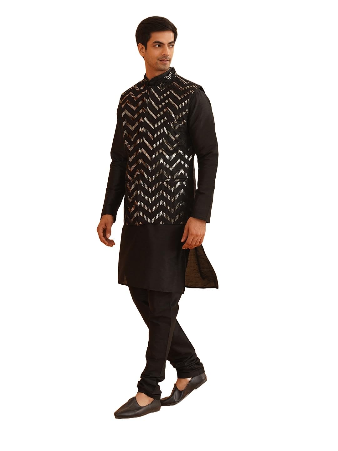 Sojanya (Since 1958 Men's Silk Blend Black Kurta Pyjama With Black Zigzag Nehru Jacket