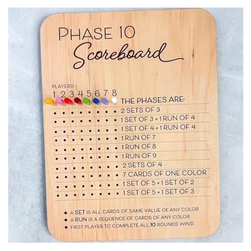 Phase 10 Score Board - 2025 New Wooden Phase Ten Scorecard and Round Tracker Phase 10 Dice Cards Game Score Sheets Classic Family Adults Board Card Games Night Table Score Boards Accessories (1PC)