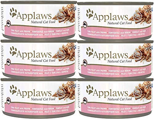 Applaws Alimento húmedo 100% Natural para Gatos, atún con gambas, latas de 156 g, Paquete de 6