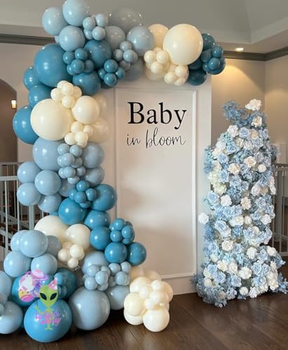 Image of Baby in Bloom Balloon Arch Kit 144pcs Dusty Blue Baby Boy Baby Shower Mom to be Boho Floral Wildflower Party Decorations (Blue)