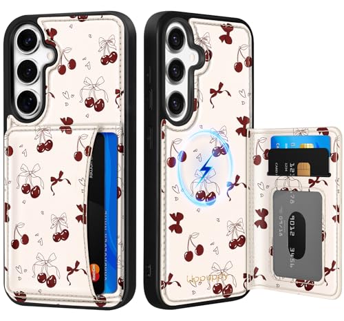 Uppuppy for Samsung Galaxy S25Plus/S24Plus Case with Wallet - Fits 4 Card Slots Compatible with MagSafe for Women Leather Credit Card Holder Kickstand Cover for Samsung S25Plus/S24Plus Bow Cherry