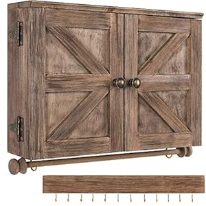 Rustic Wall Mounted Jewelry Organizer with Wooden Barndoor Decor Jewelry holder for Necklaces Earrings Bracelets Ring Holder and Accessories Includes hooks for hanging jewelry Brown
