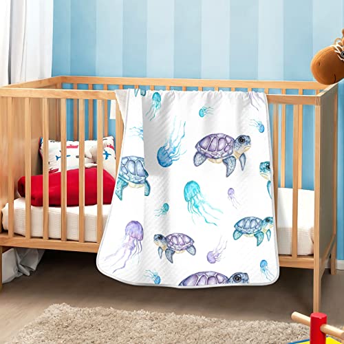 Image of Wfrish Watercolor Turtles Jelly Fishes Baby Blanket Wild Sea Animals Stroller Throw Blanket Newborn Swaddle Receiving Blanket Cotton Soft Toddler Sheets crib blanket for Girls and Boys 30x40 Inches