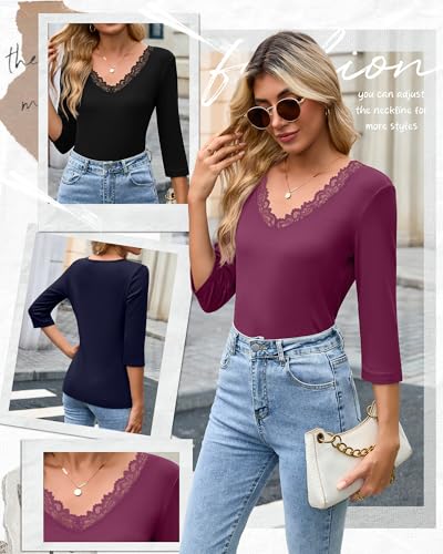 3 Pack Women's 3/4 Sleeve Tops V Neck Cotton Ribbed Lace Sexy Shirts Slim Fit Casual T-Shirts Tight Going Out Top3