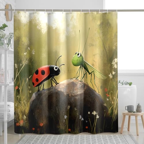 DESIHOM Cartoon Kids Ladybug Shower Curtain Set, Anime Fun Insect Shower Curtain, Cool Boy Teen Bathroom Accessories, Fabric Decorative -72 Inch