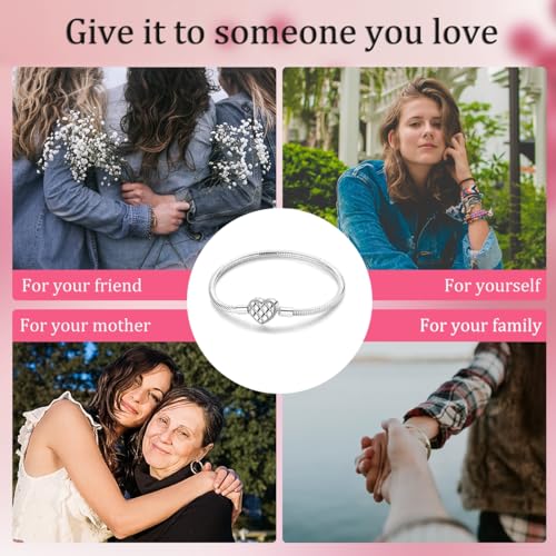 Image of 925 Sterling Silver Snake Chain Bracelets Fit Pandora Charms,Heart Clasp Bracelets Perfect For Any Glamour Gift for Women with 5 A Cubic Zirconia