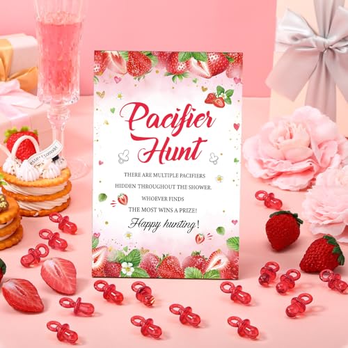 Image of Thyle 51 Pcs Strawberry Pacifier Hunt Baby Shower Games Include Hunt Sign and 50 Acrylic Pacifiers for Baby Shower Decoration Gift Sets Gender Reveal Party Decor