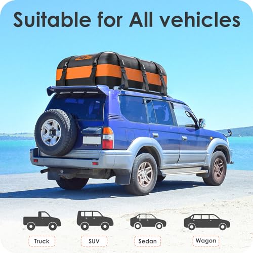 Rymopuey Roof Bag, Waterproof Car Roof Bag No Rack Needed, Car Roof Box with Anti-Slip Mat and 8 Heavy-Duty Straps, Folding Soft Roof Box for Cars with/Without Rack (Orange-20Cubic) - Image 3