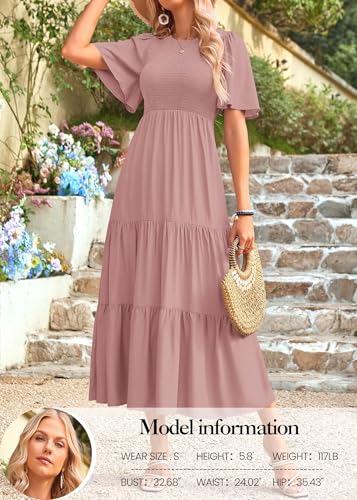 Image of KIRUNDO Summer Dresses for Women 2026 Spring Casual Flutter Short Sleeve Wedding Guest Smocked Flowy Tiered Aline Midi Dress
