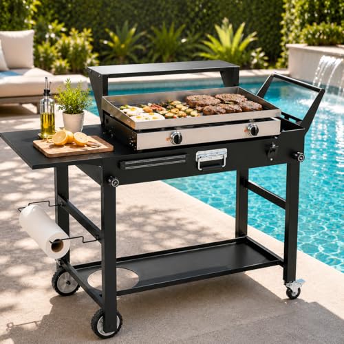 Grill Cart for Blackstone 17 and 22 Inch Griddle 31.5 Tall Outdoor Griddle Table with Wheels BBQ Prep Station with Side Shelf Bar Top Shelf and Lower Storage Foldable Pizza Oven Compatible