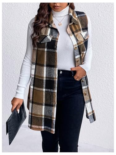 MakeMeChic Women's Plus Size Outwear Vest Top Plaid Tweed Jacket Button Down Shirt3