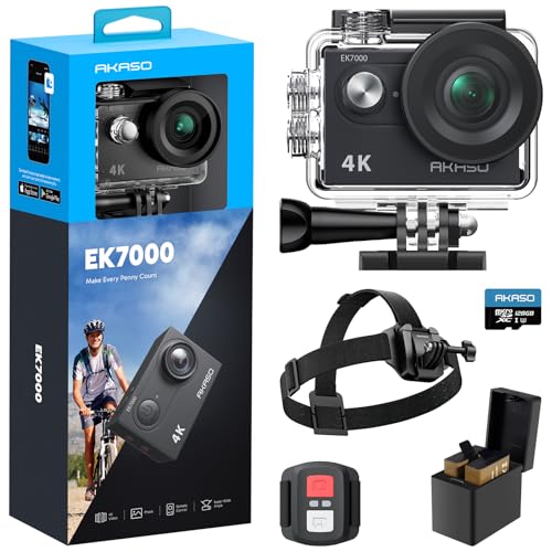 AKASO EK7000 Action Camera with MicroSDXC U3 Card and Quick Release Head Strap Mount Bundle