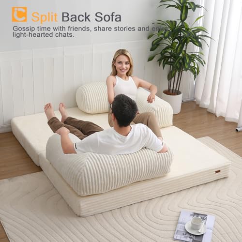 COMAX Folding Sofa Bed Queen, Foldable Couch Bed, Fold Out Futon Chair Sleeper for Adults, Convertible Floor Mattress Sofa for Bedrooom Living Room Guest Room, Faux Fur Light Beige