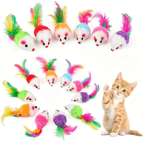 YiliYa 30 Piezas Peludo Juguetes Gato Ratones para Gatos,Interactivo Gatito | Juguetes Ratón Sonajero con Cola de Plumas para Gatos Mascota(Colores Variados)