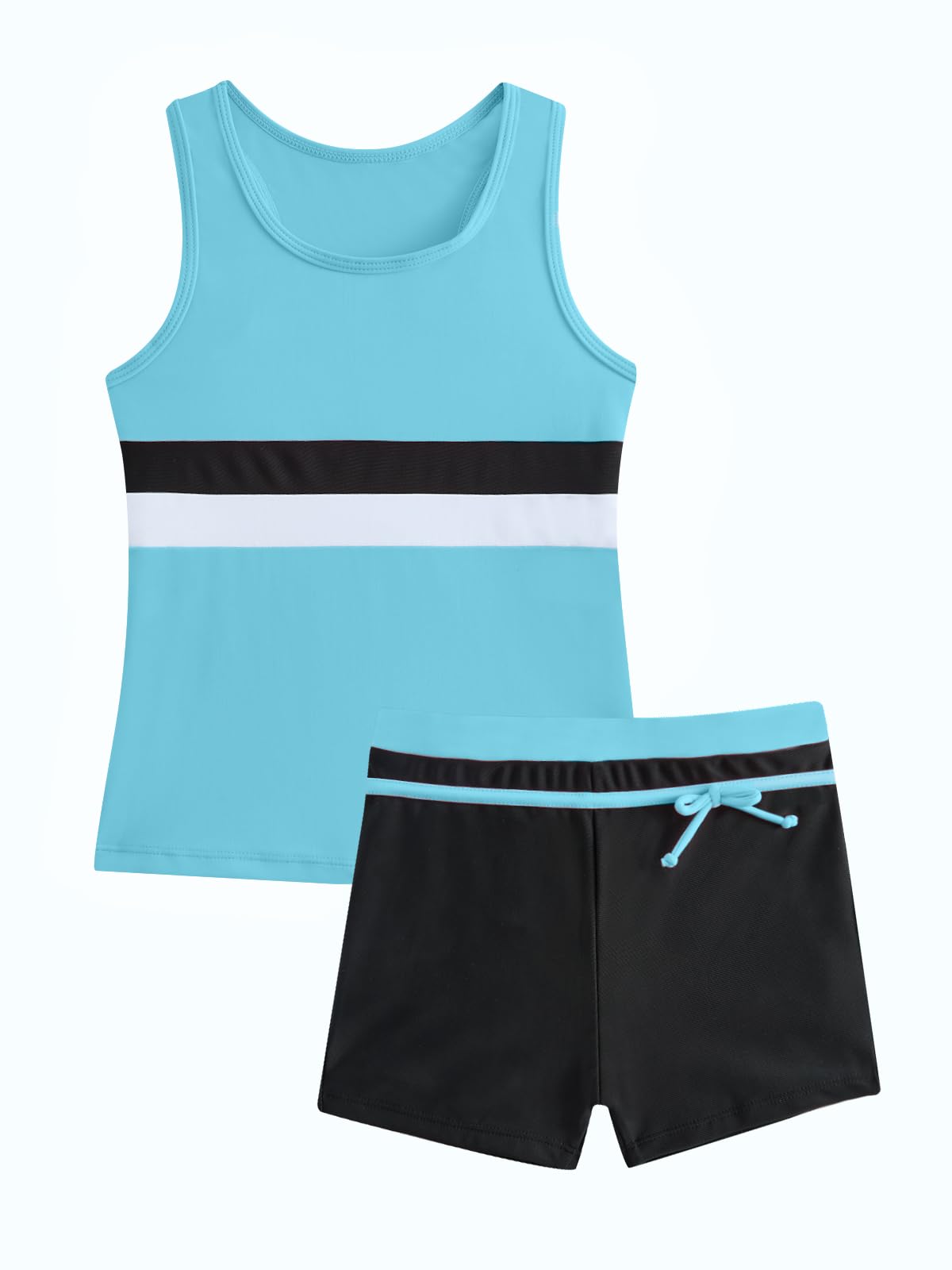 JiAmy Costume da bagno sportivo da bambina, 2 pezzi, con top senza maniche e pantaloncini da bagno, a righe a blocchi di colore, per bambini dai 5 ai 12 anni