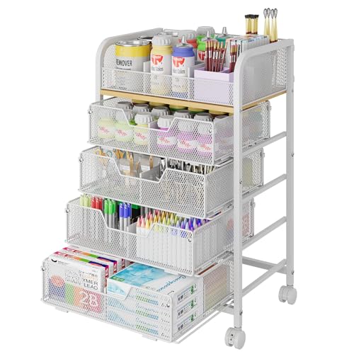 5-Tier Craft Organizer Cart with 5 Sets of DIY Dividers,Craft Organizers and Storage with Drawers,Lockable Wheels Rolling Utility Cart on Wheels,Art Supply Organizer,Ideal for Studio,Office,White