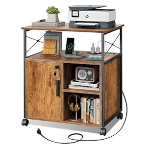 DEVAISE Caisson Bureau Mobile avec Station de Recharge - Meuble Imprimante Verrouillable à roulettes pour Bureau Domicile - Rangement A4, Étagères Réglables,Brun Bois