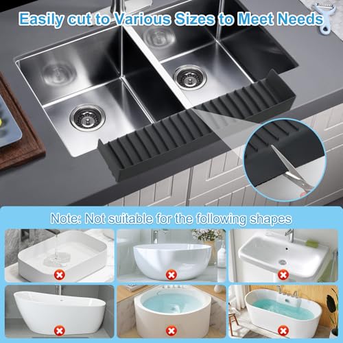 Image of Silicone Faucet Splash Guard 4 inch x 20 inch, Faucet Water Catcher Mat, Longer Silicone Sink Mat for Kitchen, Bathroom, Laundry Room, Farmhouse for Quartz Kitchen Sink（Black）