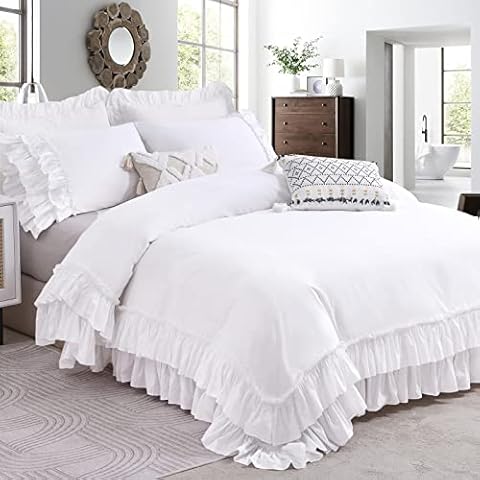 QSH Ruffle Duvet Cover and Ruffle Skirt Queen Size - White Shabby Farmhouse Bedding Cover