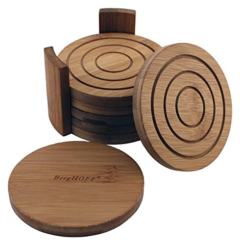 Berghoff 7Pc Bamboo Coaster Set with Holder, Round Wood Drink Coasters
