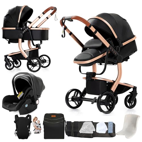 Nine point nine PU-Leder Kinderwagen 3 in 1, Kinderwagen Set mit Umkehrbarem Doppelschiebemodus, Kombikinderwagen 3 in 1 Bequemer Babywanne, Kombikinderwagen Rahmen Aluminiumlegierung (L518 Black)