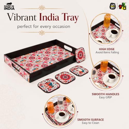 Image of GKD Wooden Serving Tray with Vibrant India Design | Set of 5 (1 Tray + 4 Coasters) | Premium MDF | Rectangular Decorative Tea Coffee Serving Tray | Multicolor Large | Made in India (Vibrant India)