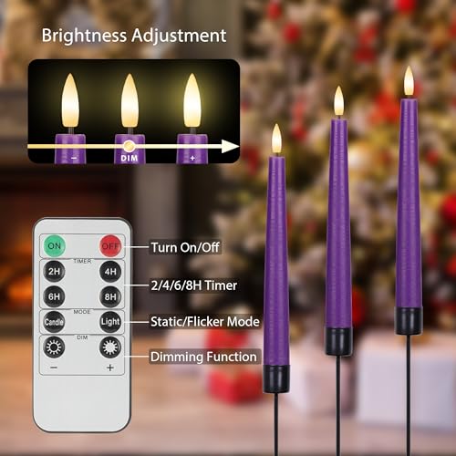 Image of Purple Flameless Taper Candles with 3D Wick, 9.6 inch Real Wax LED Candles with Remote, 3 Pack Flickering Candlesticks Battery Operated, Classic Tall Taper Candle for Home, Wedding, Party