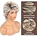 LEOSA Short Ombre Blonde Wig with Bangs for White Women Highlight Brown Pixie Cut Wig Synthetic Wavy Curly Light Blonde Mixed Brown Layered Natural Hair Fluffy Heat Resistant