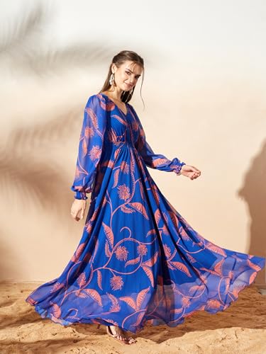 Image of Miss Chase Women's Multicolored-Base-Brown Relaxed Fit Maxi Lurex Chiffon Dress