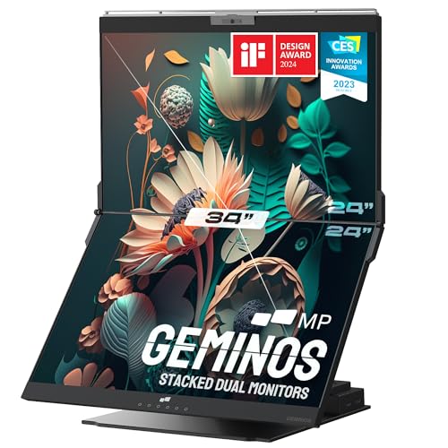 Mobile Pixels Geminos 2 x 24 inch FHD Stacked Computer Monitor with All-inclusive Dual Vertical Monitors, 100W USB-C Charging, 1080P Webcam&Speakers, HDMI/USB-A/USB-C, Height Adjustable (2 Monitors)