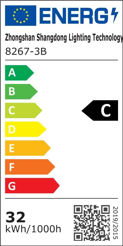 EU Energy Label for Zhongshan Shangdong Lighting Technology, model 8267-3B, showing energy efficiency class C and 32 kWh/1000h consumption.