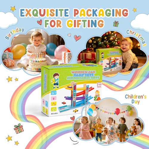 Heirio Montessori Toys for 1 2 3 Year Old Boy Girl - No Assembly Wooden Car Ramp Toy with 4 Race Cars & Parking Lot Garage, Perfect 18 Month 2nd 3rd Birthday Gifts for Toddlers Kids by Heirio - Image 7