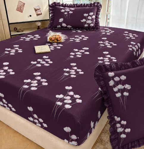 Image of Elastic Fitted King Size Bedsheet Cotton for Double Bed | 72 inchx78 inch +10 Inch, Floral, Soft & Breathable, Fade & Shrink Resistant, 2 Pillow Covers (Deep Plum)