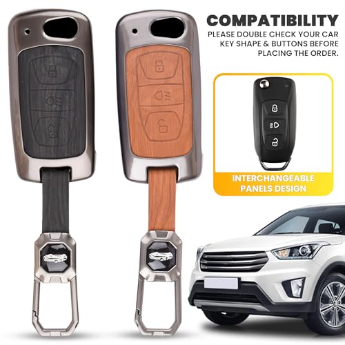 Image of Car Key Cover Compatible with Tata Nexon|Altroz|Tiago|Punch|Harrier|Safari|Tigor 3-Button Flip Smart Key (Dual Leather Metal (Black & Brown))