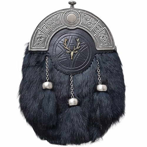 Scottish Full Dress Kilt Sporran - Celtic Cantle Black Fur Sporrans Kilts For Men Antique Finish Leather Sporran with Chain Belt - Perfect For Highland Wedding (Black Fur Stag Head - Antique)