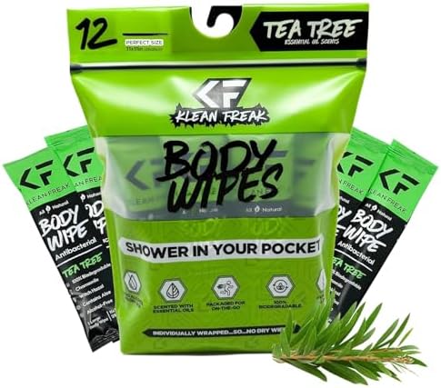 The Klean Freak Body Wipes - 12 count Individually Wrapped | Showerless Body Wipe for Women & Men | Sustainable Bodywipes for Gym, Travel, Camping | Tea-Tree